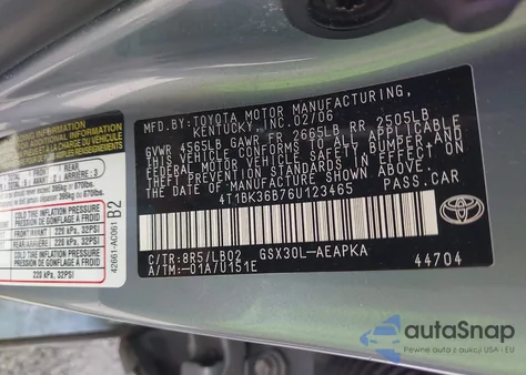 2006 Toyota Avalon Limited z USA, uszkodzony, nr VIN 4T1BK36B76U123465